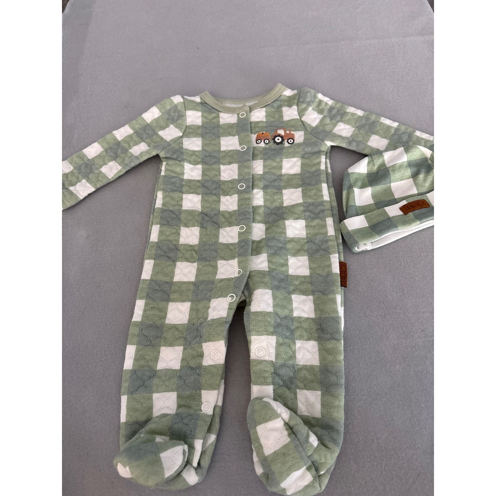 Lila & Jack Baby Boy Green Gingham Tractor Pumpkin Quilted Footie Hat Set 3-6M